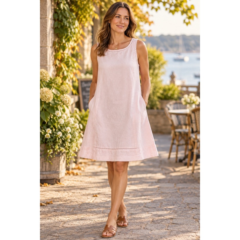 J.Jill Love Linen Pink Sleeveless Shift Dress Embroidered Trim Pockets M